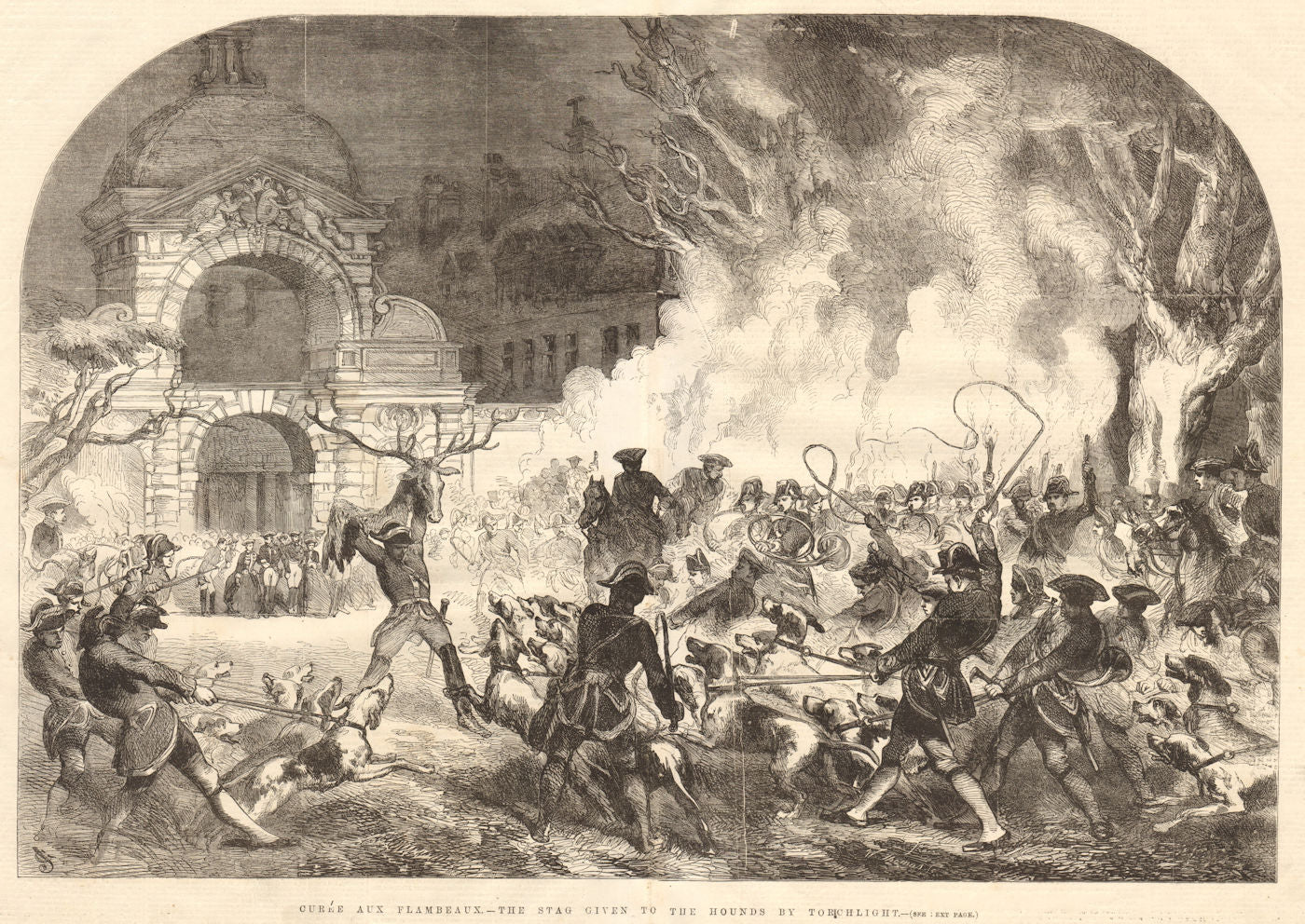 Curee aux flambeaux - the stag given to the hounds by torchlight. France 1855